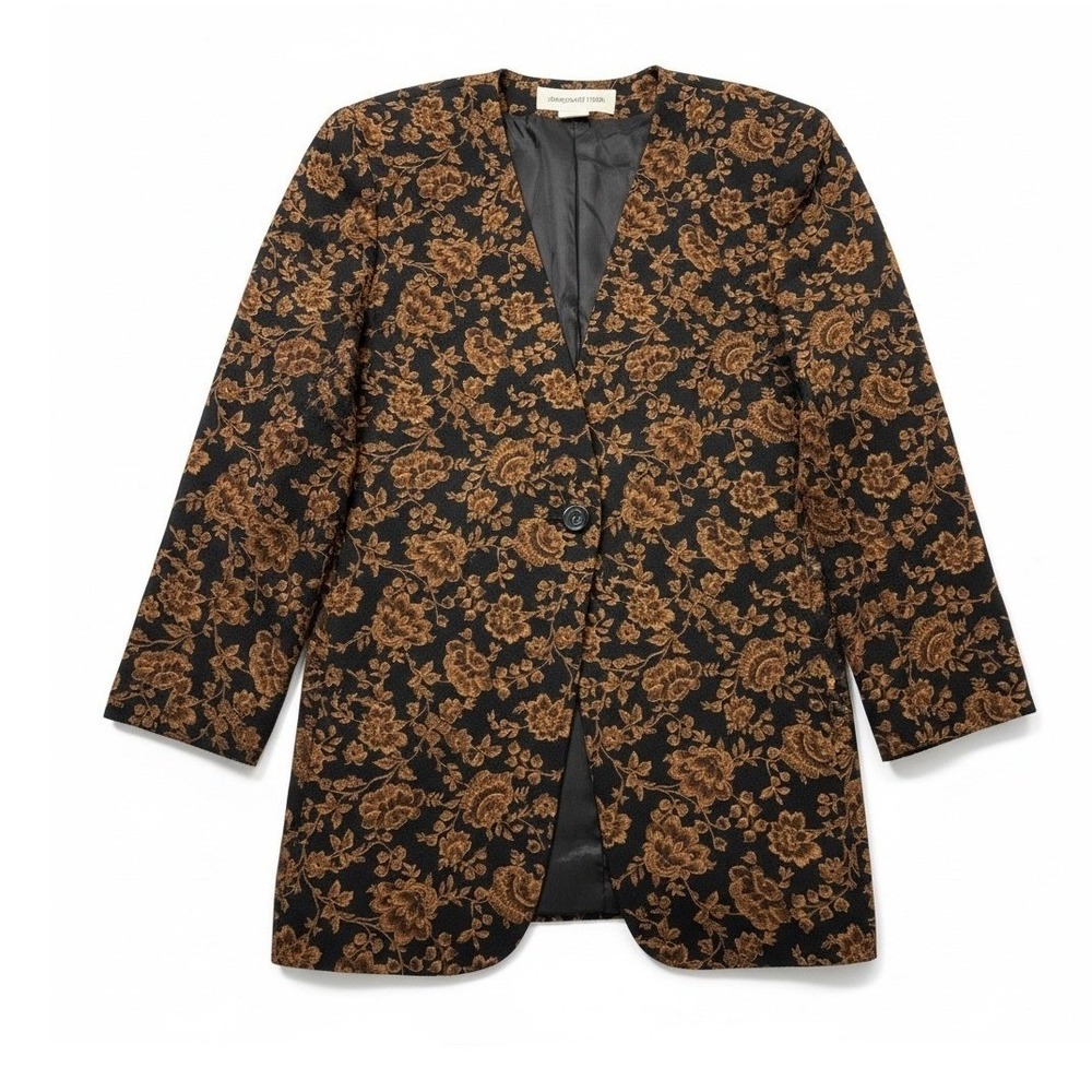 Vtg Jones New York Size 10 Wool Blazer Gold Floral Jacket Brown Academia